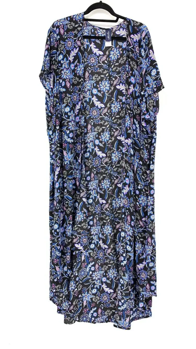 Swimsuits For All Women's Sz 14/16 Kimono Swim Coverup Floral Black *NO BELT